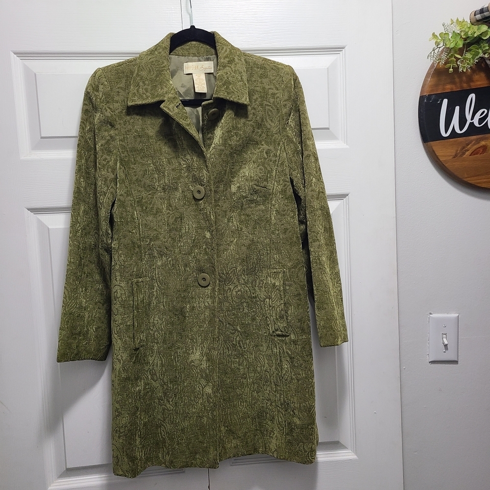 Vtg Parisian Signature Olive‎ Textured Trench Coat 10P Vintage Preppy Old Money